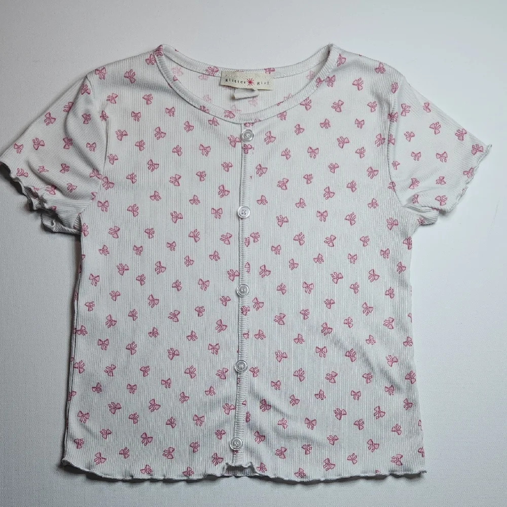 Glitter Girl Girls L 10/12 White Pink Bow Print Button Front Short Sleeve Top